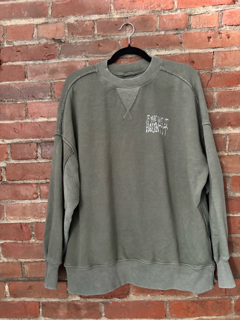 Aerie Olive Washed Crewneck Halloween Ghost Sweatshirt